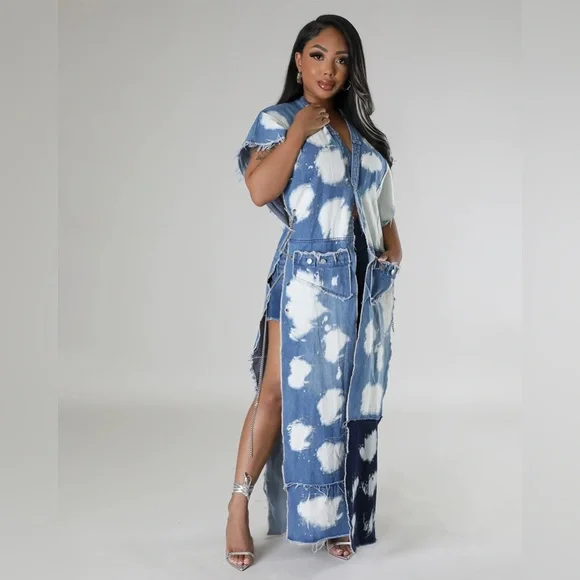 Denim acid wash maxi vest with chain detail - Picture 1 of 5